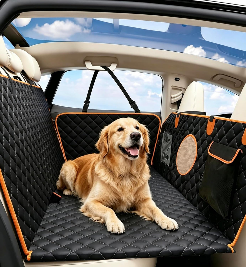Dog Car Seat Cover for Back Seat, Hard Bottom Back Seat Extender for Dogs, Holds 420Lbs, Durable Waterproof Pet Car Bed Dog Hammock for Suv/Car/Small Truck (Black)