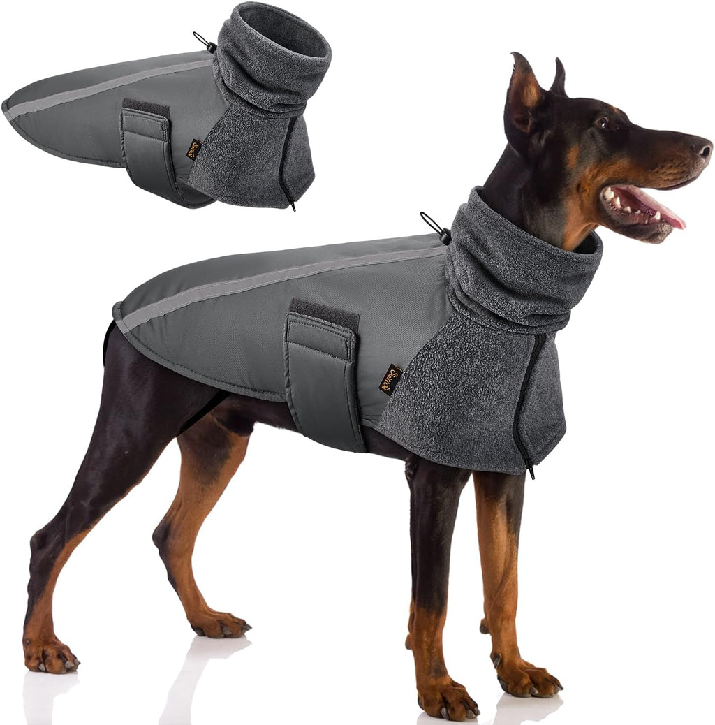 Winter Dog Coat, Warm Polar Fleece Lining Doggie Outdoor Jacket with Turtleneck Scarf Reflective Stripe Adjustable Waterproof Windproof Puppy Vest Soft Pet Outfits (X-Large, Grey)
