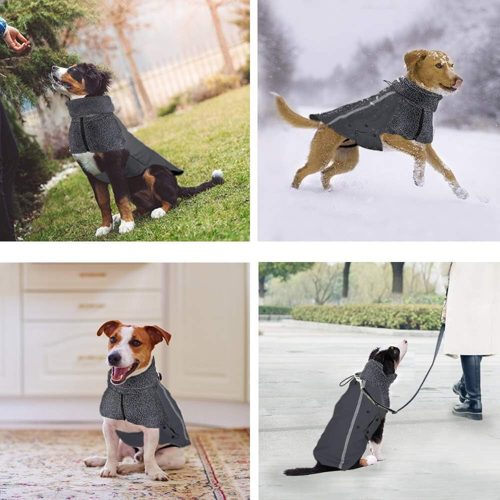 Winter Dog Coat, Warm Polar Fleece Lining Doggie Outdoor Jacket with Turtleneck Scarf Reflective Stripe Adjustable Waterproof Windproof Puppy Vest Soft Pet Outfits (Large, Grey)