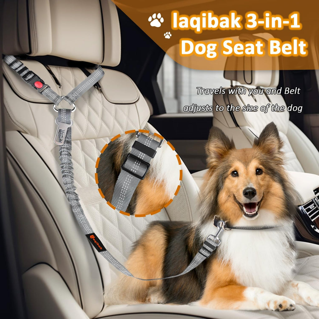 Removable Dog Seat Belt Harness for Car, 3 in 1 Pet Seatbelt Leash | Retractable Headrest-Mounted,Restraint & Adjustable Reflective Bungee Dog Seatbelt Tether,Grey and Black