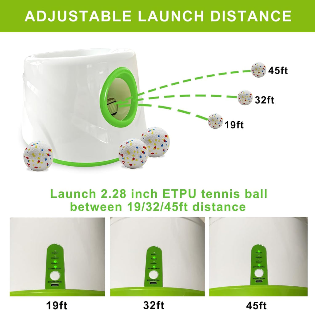 Automatic Dog Ball Launcher with 6 ETPU Tennis Balls, Dog Ball Thrower for Small & Medium Dogs, 3 Adjustable Distance 19-45FT, Interactive Dog Toy Ball Throwing Machine for Indoor/Outdoor