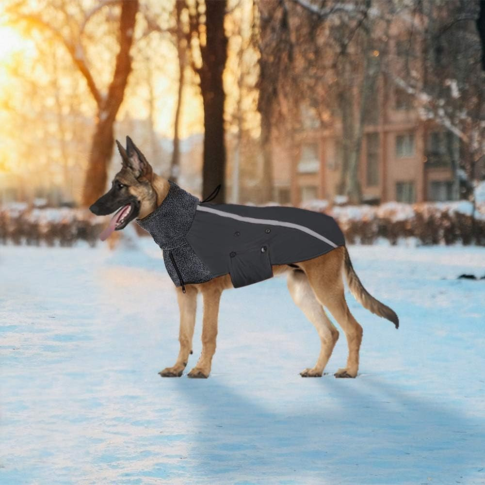 Winter Dog Coat, Warm Polar Fleece Lining Doggie Outdoor Jacket with Turtleneck Scarf Reflective Stripe Adjustable Waterproof Windproof Puppy Vest Soft Pet Outfits (X-Large, Grey)