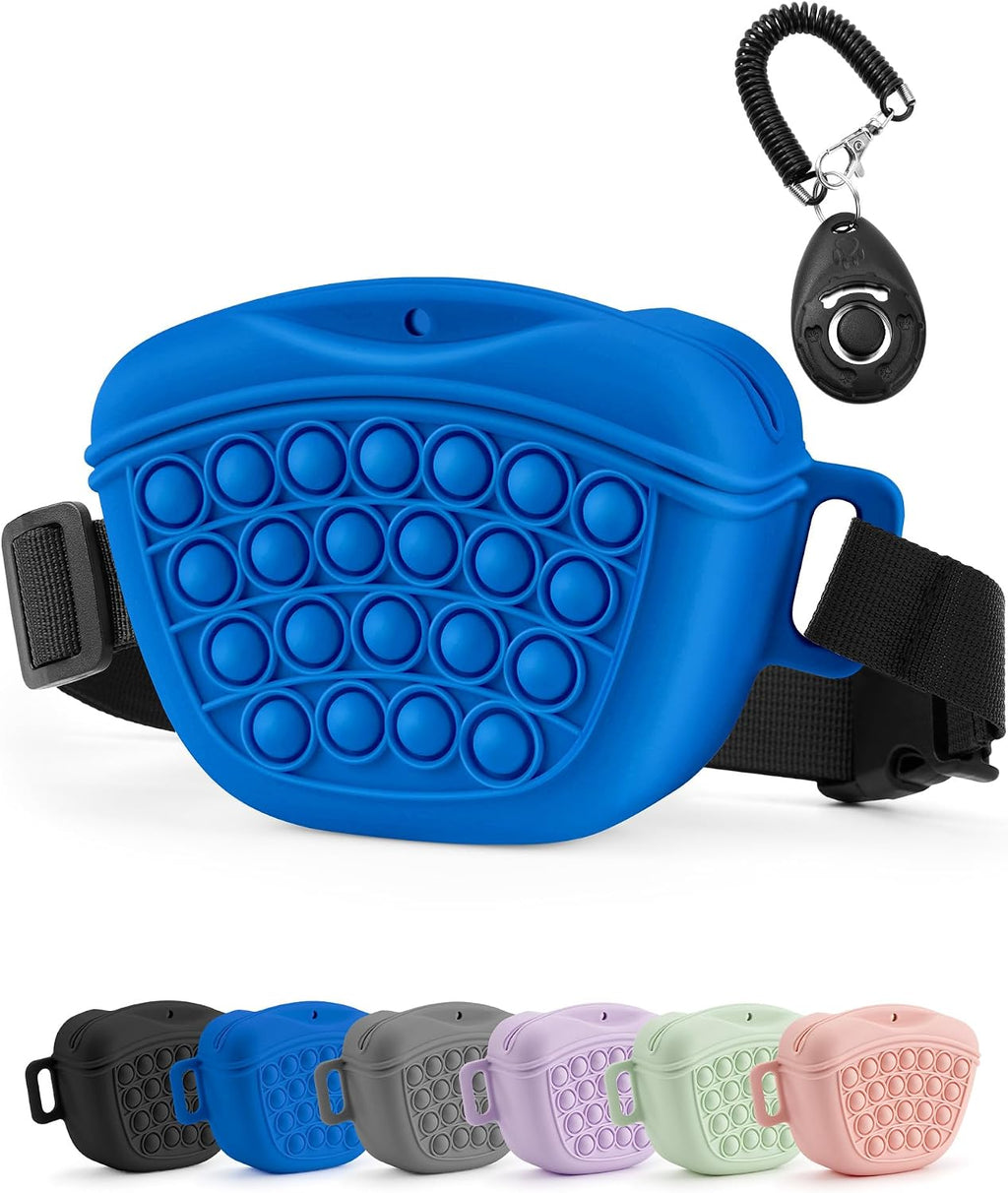 Dog Treat Pouch with Training Clicker 2.0-Upgrade Stronger Magnetic Closure to Avoid Spilling, 1.67 Cup Silicone Treat Bag Fanny Pack with Waist Belt for Pet Training Walking (Blue)