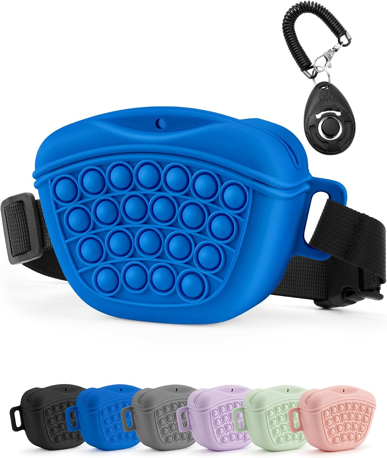 Dog Treat Pouch with Training Clicker 2.0-Upgrade Stronger Magnetic Closure to Avoid Spilling, 1.67 Cup Silicone Treat Bag Fanny Pack with Waist Belt for Pet Training Walking (Blue)