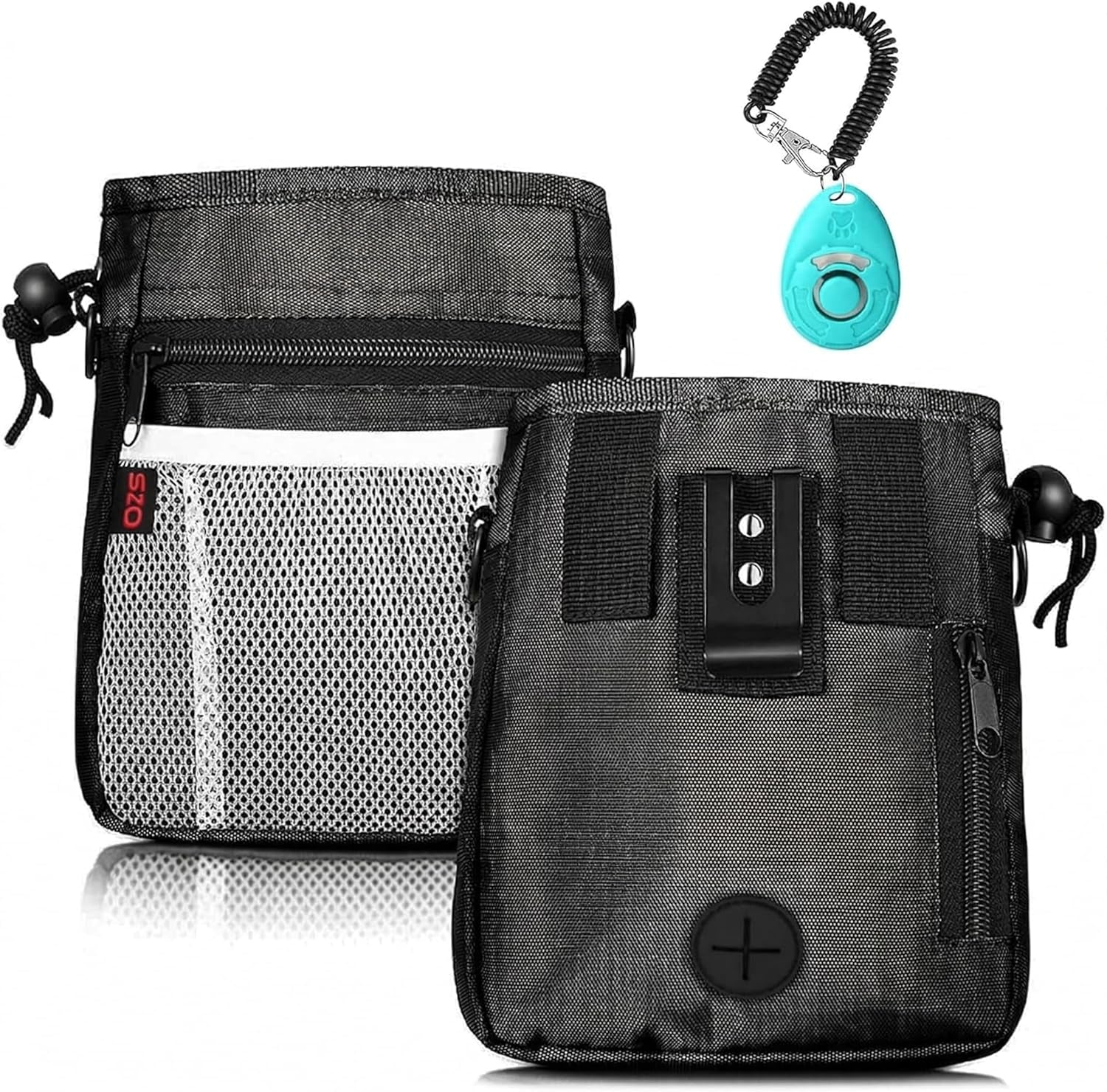 Dog Treat Pouch - 3 Ways to Wear Treat Pouches for Pet Training and 2 Pieces Clicker Taining for Dogs, Dog Training Treat Pouch Bag and Dog Clicker for Training with Waist Belt Shoulder Strap - Black