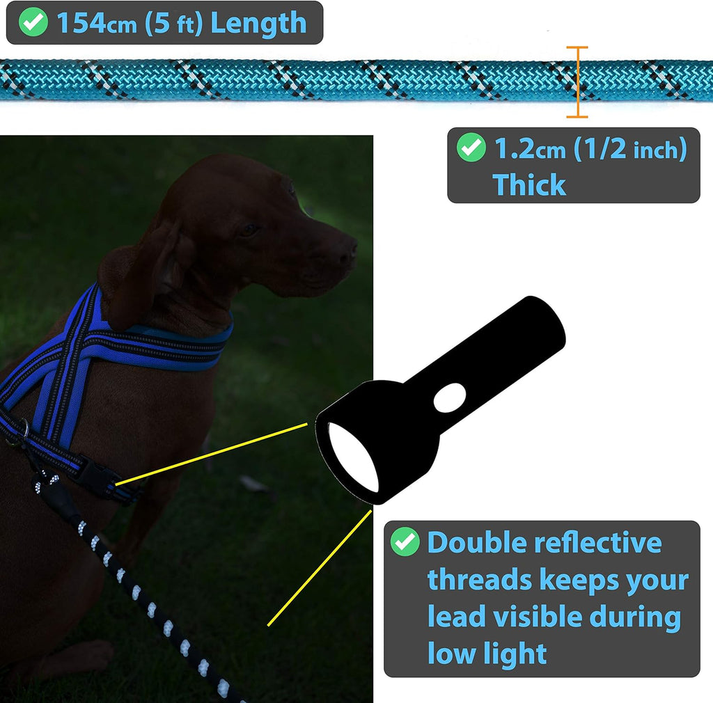 Dog Lead - Durable Strong Chew Resistant Slip Lead Nylon Rope Padded Handle Mountain Climbing Harness Pet Puppy Training Slipknot Leash for Walking [1/2 Inch 1.2Cm Thick] (Blue 5Ft)…