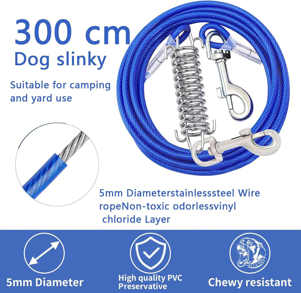 300Cm Dog Tie Out Cable,Dog Leads for Yard Chew Proof Dog Runner Cable with Swivel Hook and Shock Spring,300Cm Camping and Training Leash for Small to Medium Pets up to 165 Lbs(3M-165Lbs