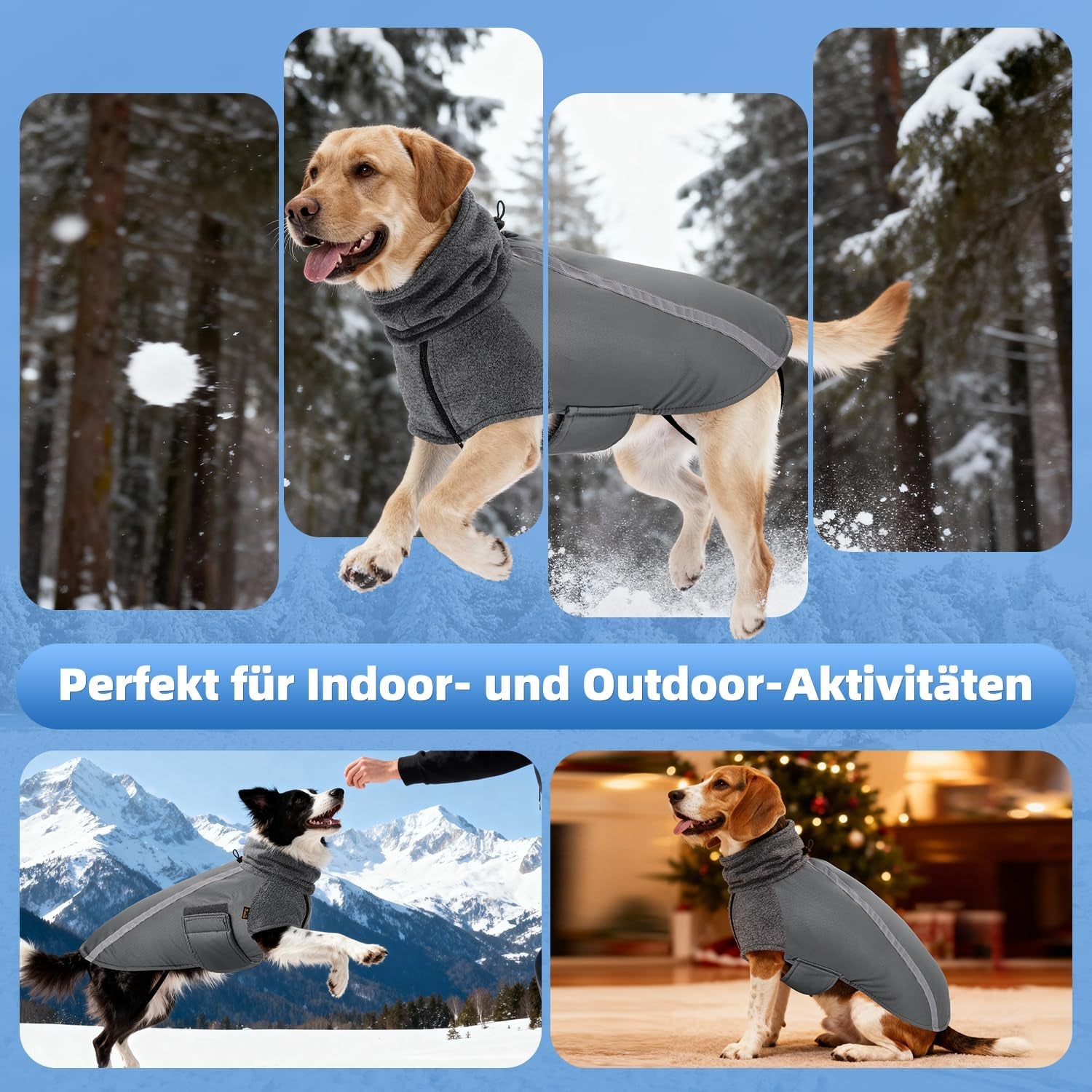 Winter Dog Coat, Warm Polar Fleece Lining Doggie Outdoor Jacket with Turtleneck Scarf Reflective Stripe Adjustable Waterproof Windproof Puppy Vest Soft Pet Outfits (X-Large, Grey)