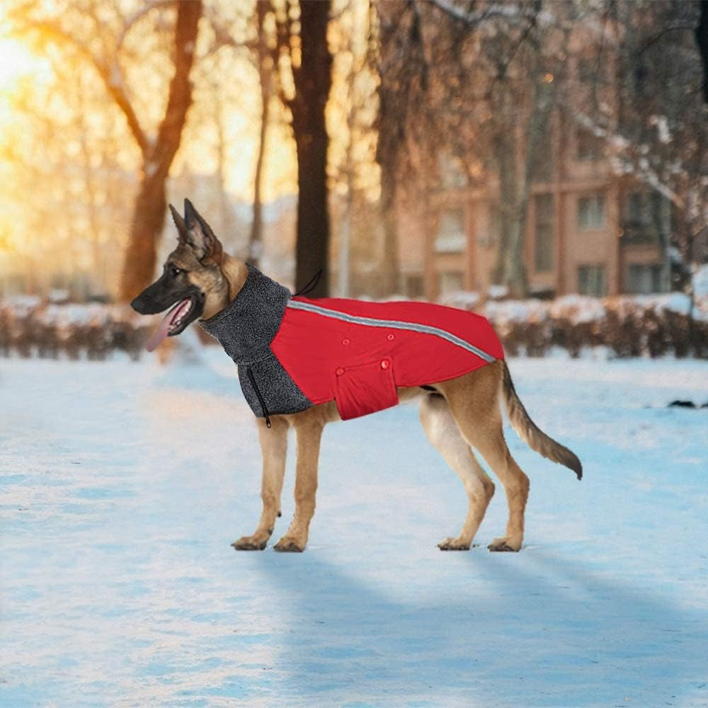 Winter Dog Coat, Warm Polar Fleece Lining Doggie Outdoor Jacket with Turtleneck Scarf Reflective Stripe Adjustable Waterproof Windproof Puppy Vest Soft Pet Outfits (Small, Red)