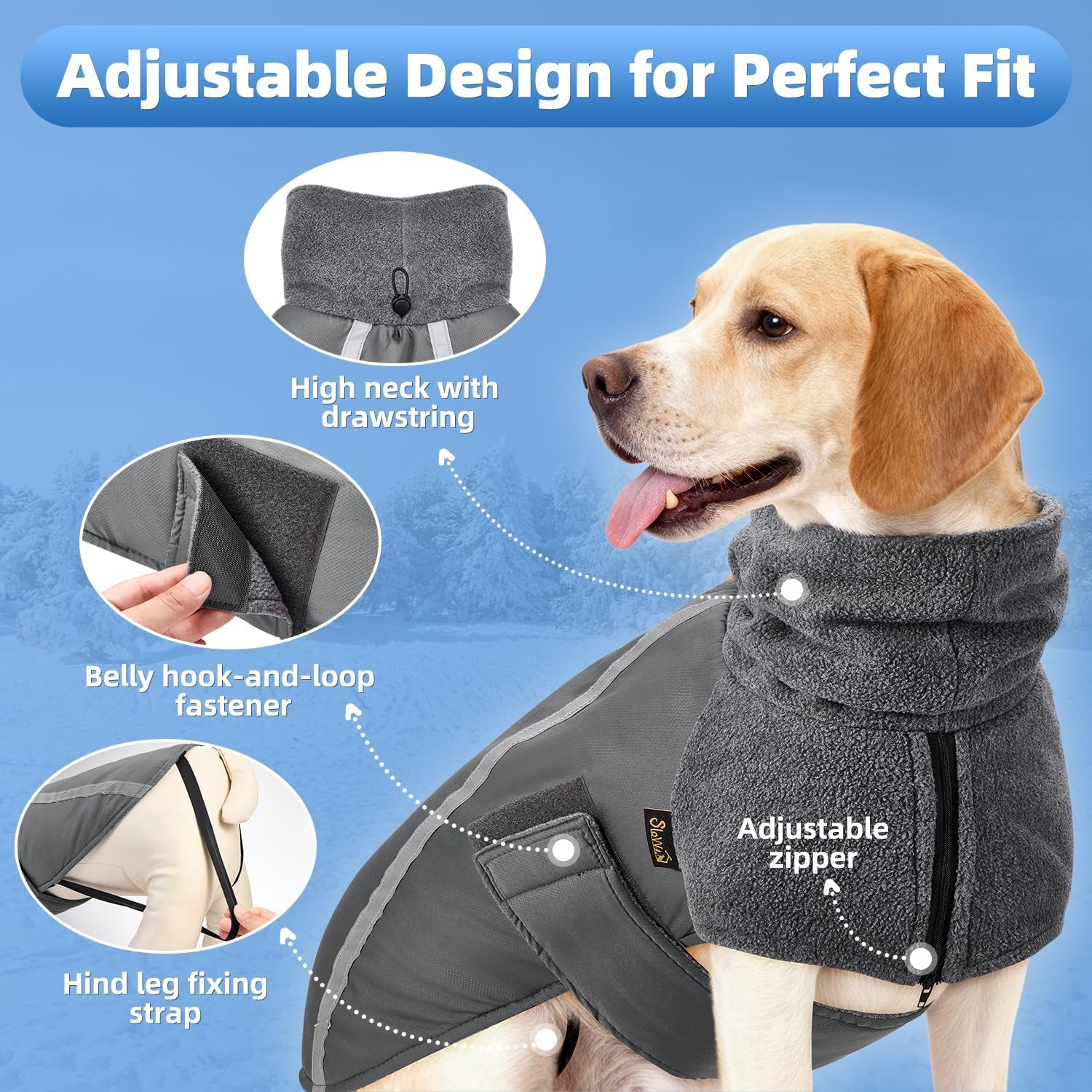 Winter Dog Coat, Warm Polar Fleece Lining Doggie Outdoor Jacket with Turtleneck Scarf Reflective Stripe Adjustable Waterproof Windproof Puppy Vest Soft Pet Outfits (Small, Grey)