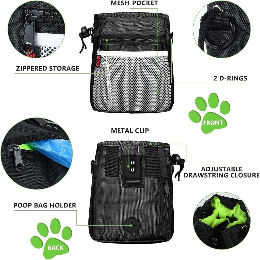 Dog Treat Pouch - 3 Ways to Wear Treat Pouches for Pet Training and 2 Pieces Clicker Taining for Dogs, Dog Training Treat Pouch Bag and Dog Clicker for Training with Waist Belt Shoulder Strap - Black