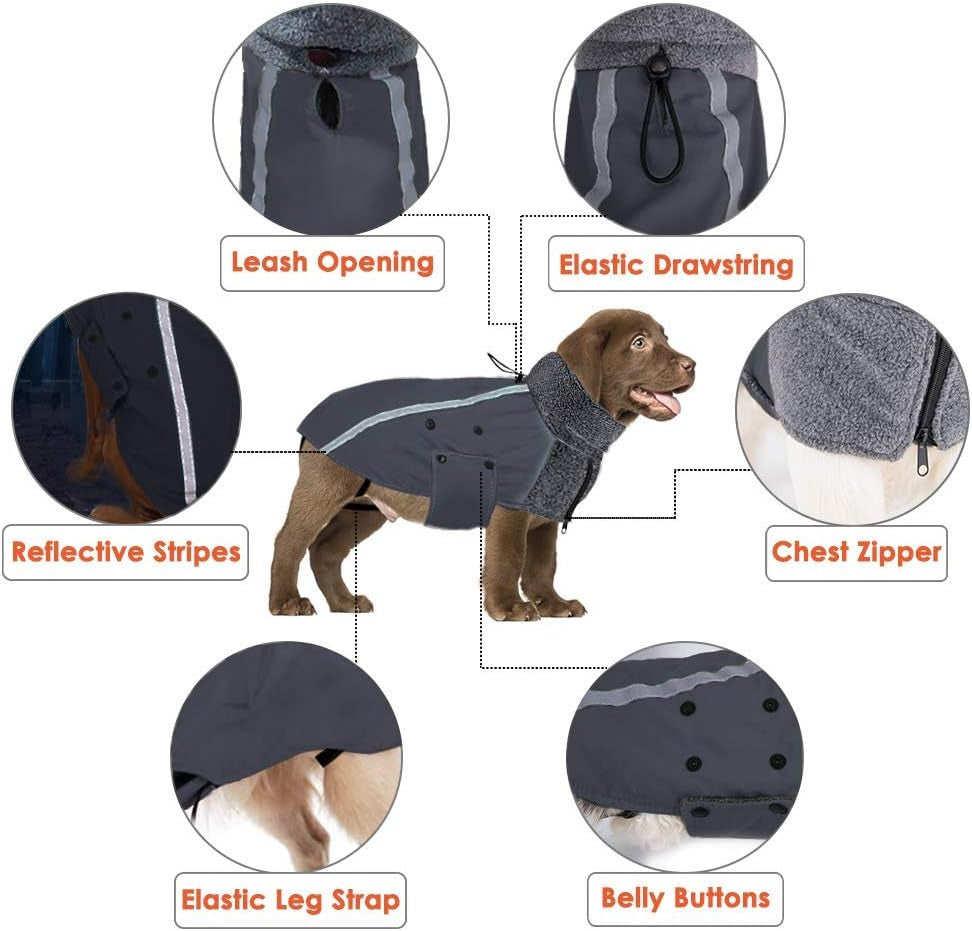Winter Dog Coat, Warm Polar Fleece Lining Doggie Outdoor Jacket with Turtleneck Scarf Reflective Stripe Adjustable Waterproof Windproof Puppy Vest Soft Pet Outfits (Large, Grey)