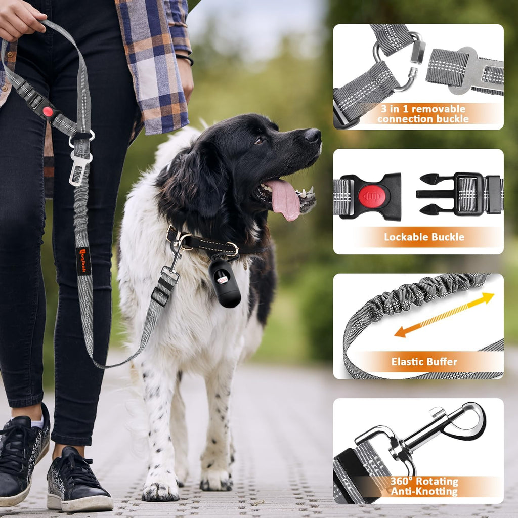 Removable Dog Seat Belt Harness for Car, 3 in 1 Pet Seatbelt Leash | Retractable Headrest-Mounted,Restraint & Adjustable Reflective Bungee Dog Seatbelt Tether,Grey and Black