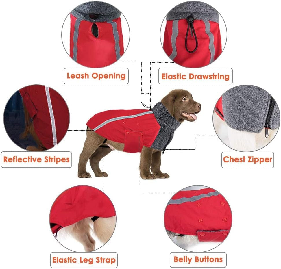 Winter Dog Coat, Warm Polar Fleece Lining Doggie Outdoor Jacket with Turtleneck Scarf Reflective Stripe Adjustable Waterproof Windproof Puppy Vest Soft Pet Outfits (Small, Red)