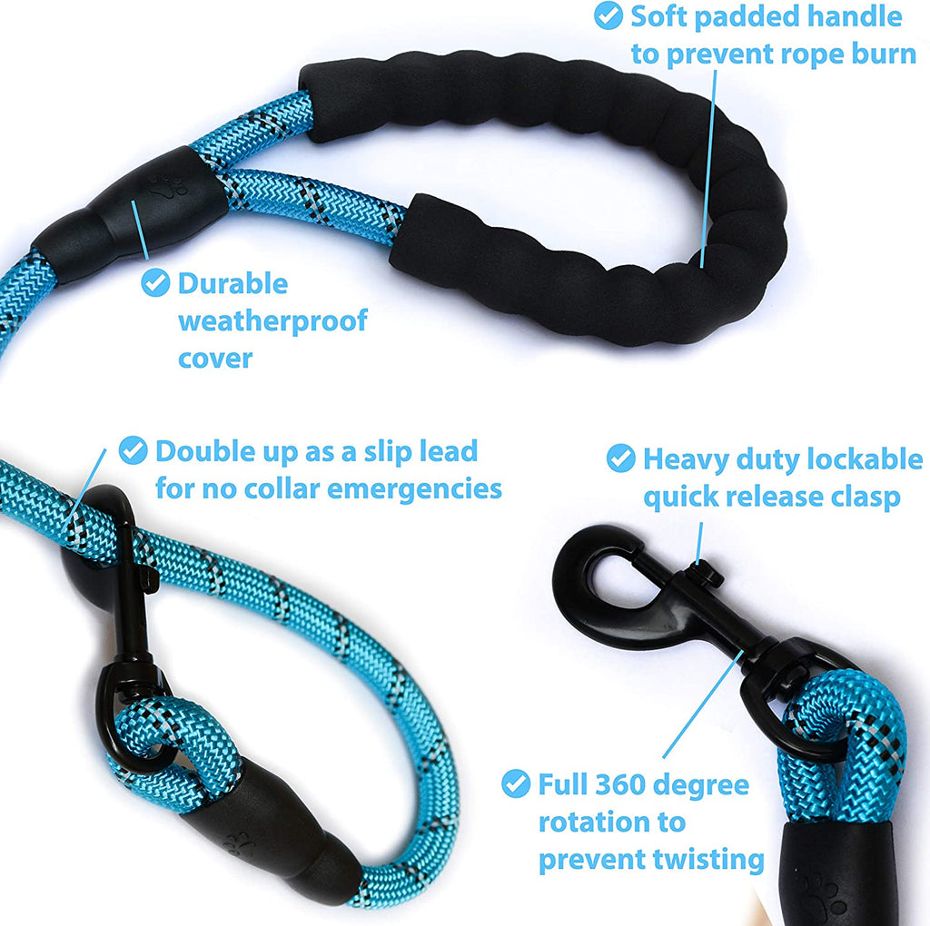 Dog Lead - Durable Strong Chew Resistant Slip Lead Nylon Rope Padded Handle Mountain Climbing Harness Pet Puppy Training Slipknot Leash for Walking [1/2 Inch 1.2Cm Thick] (Blue 5Ft)…