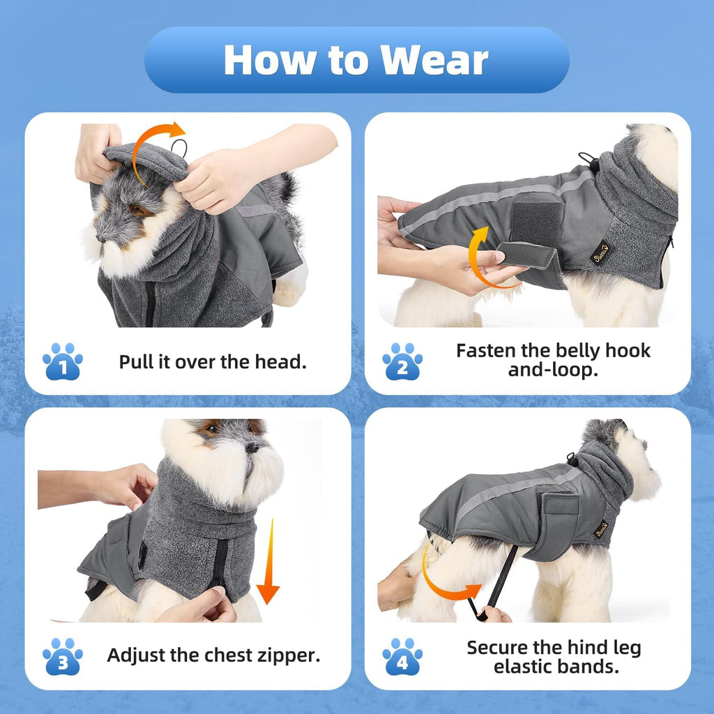 Winter Dog Coat, Warm Polar Fleece Lining Doggie Outdoor Jacket with Turtleneck Scarf Reflective Stripe Adjustable Waterproof Windproof Puppy Vest Soft Pet Outfits (Small, Grey)