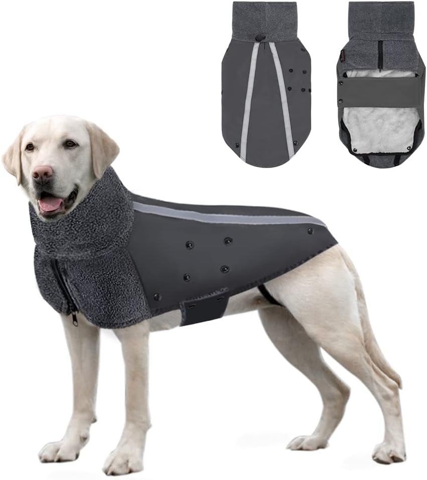 Winter Dog Coat, Warm Polar Fleece Lining Doggie Outdoor Jacket with Turtleneck Scarf Reflective Stripe Adjustable Waterproof Windproof Puppy Vest Soft Pet Outfits (Large, Grey)