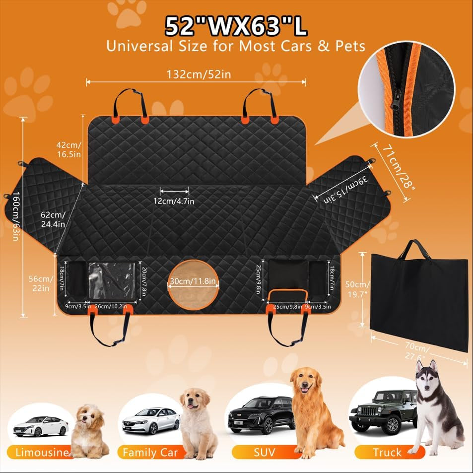 Dog Car Seat Cover for Back Seat, Hard Bottom Back Seat Extender for Dogs, Holds 420Lbs, Durable Waterproof Pet Car Bed Dog Hammock for Suv/Car/Small Truck (Black)