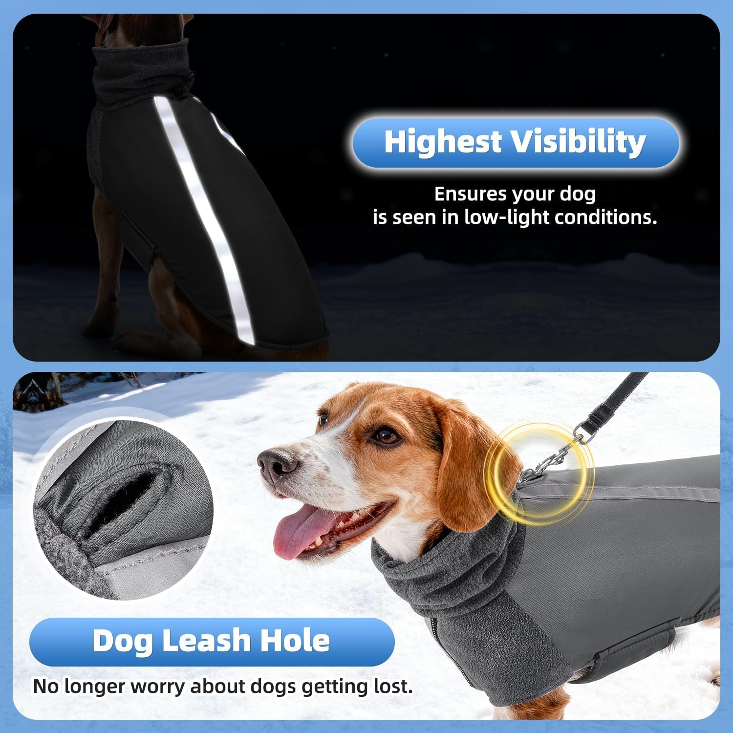 Winter Dog Coat, Warm Polar Fleece Lining Doggie Outdoor Jacket with Turtleneck Scarf Reflective Stripe Adjustable Waterproof Windproof Puppy Vest Soft Pet Outfits (X-Large, Grey)