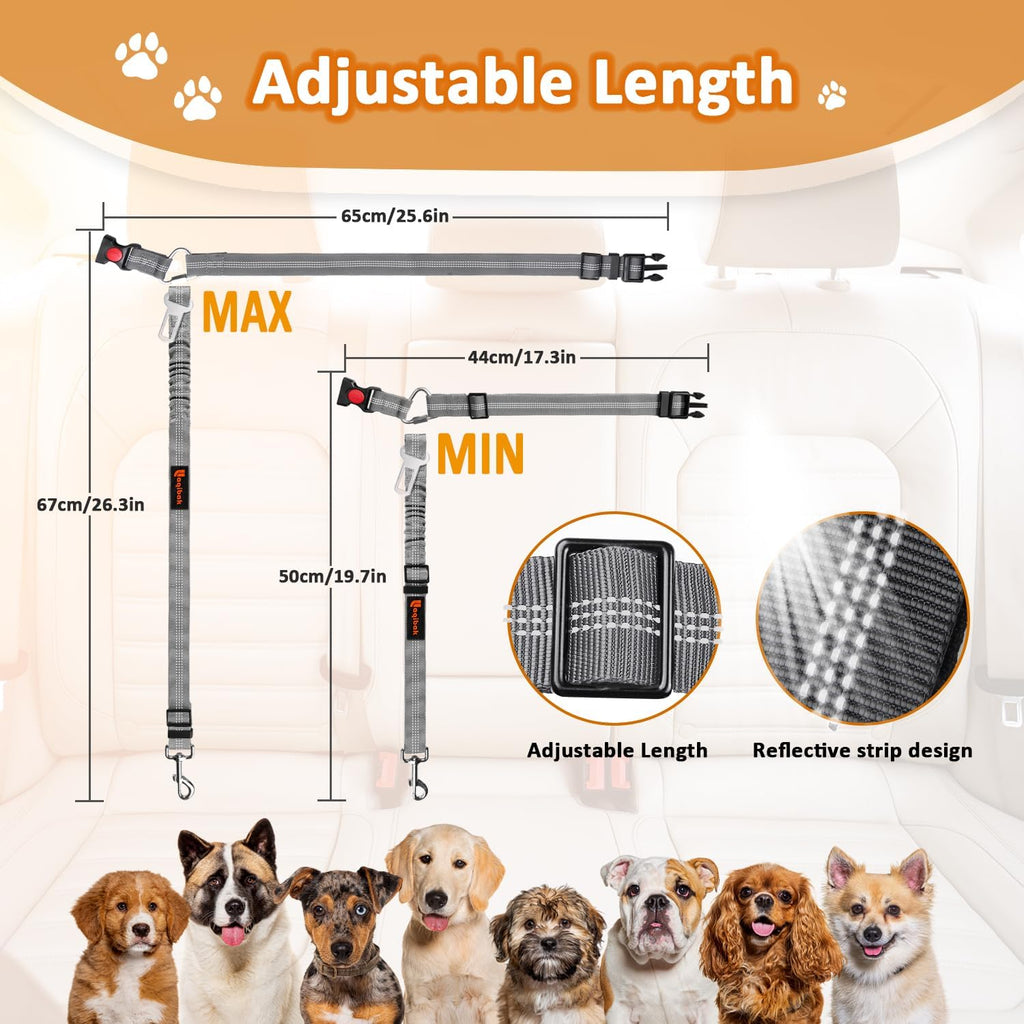 Removable Dog Seat Belt Harness for Car, 3 in 1 Pet Seatbelt Leash | Retractable Headrest-Mounted,Restraint & Adjustable Reflective Bungee Dog Seatbelt Tether,Grey and Black