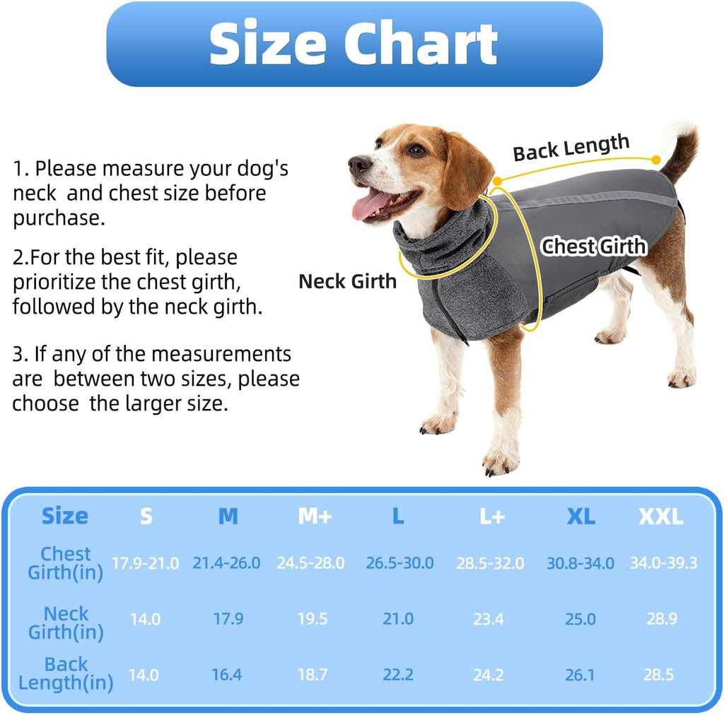 Winter Dog Coat, Warm Polar Fleece Lining Doggie Outdoor Jacket with Turtleneck Scarf Reflective Stripe Adjustable Waterproof Windproof Puppy Vest Soft Pet Outfits (Small, Grey)