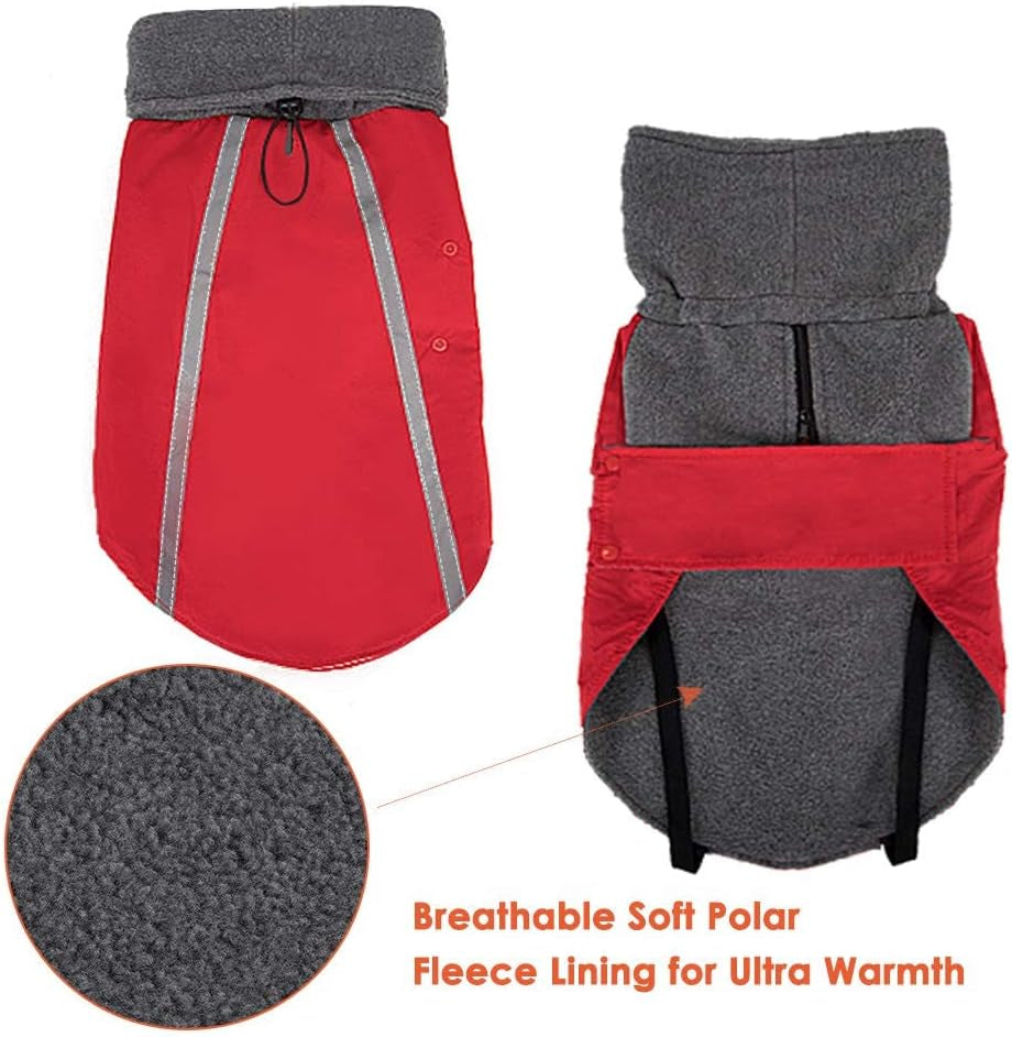 Winter Dog Coat, Warm Polar Fleece Lining Doggie Outdoor Jacket with Turtleneck Scarf Reflective Stripe Adjustable Waterproof Windproof Puppy Vest Soft Pet Outfits (Small, Red)