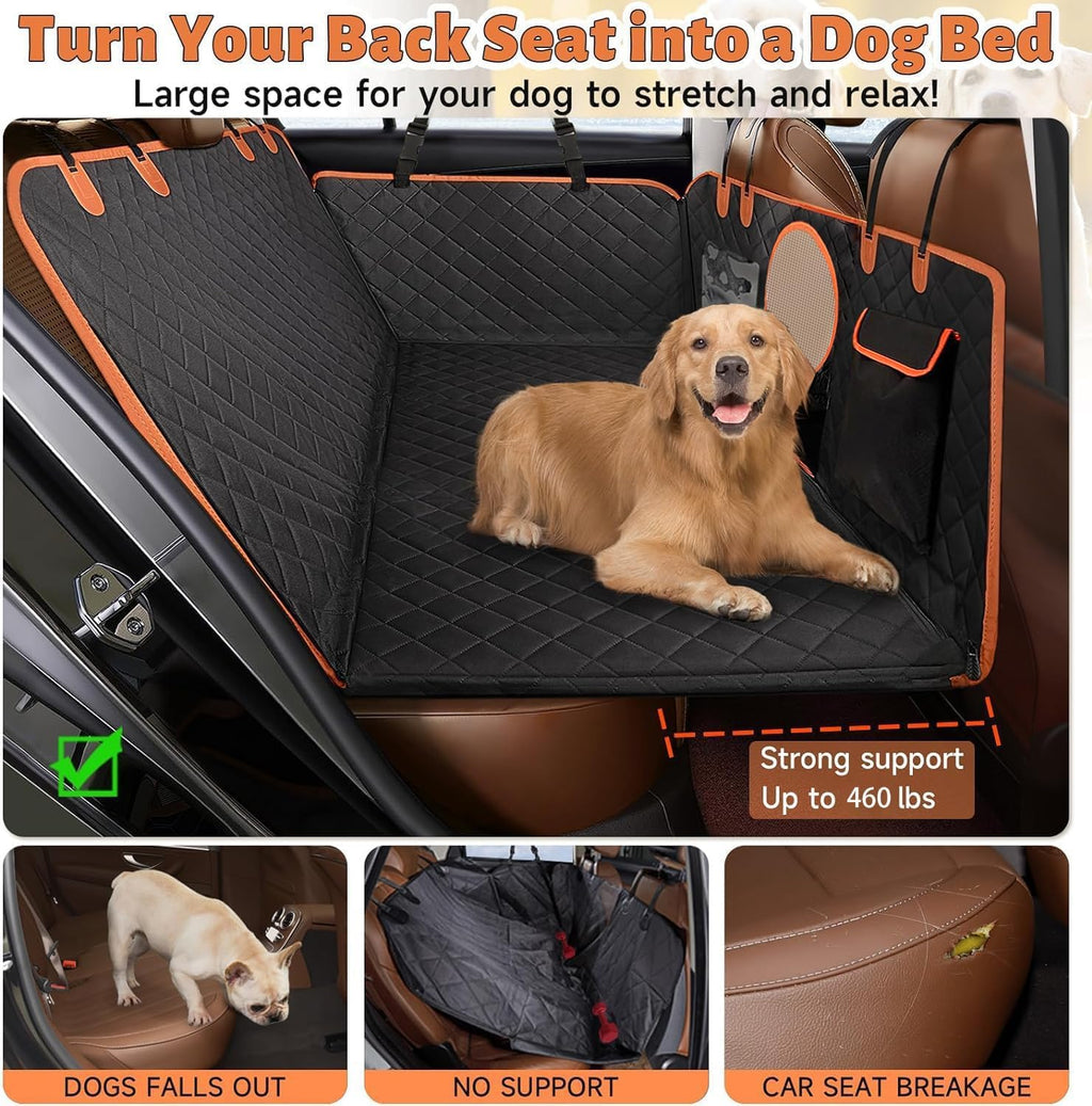 Dog Car Seat Cover for Back Seat, Hard Bottom Back Seat Extender for Dogs, Holds 420Lbs, Durable Waterproof Pet Car Bed Dog Hammock for Suv/Car/Small Truck (Black)