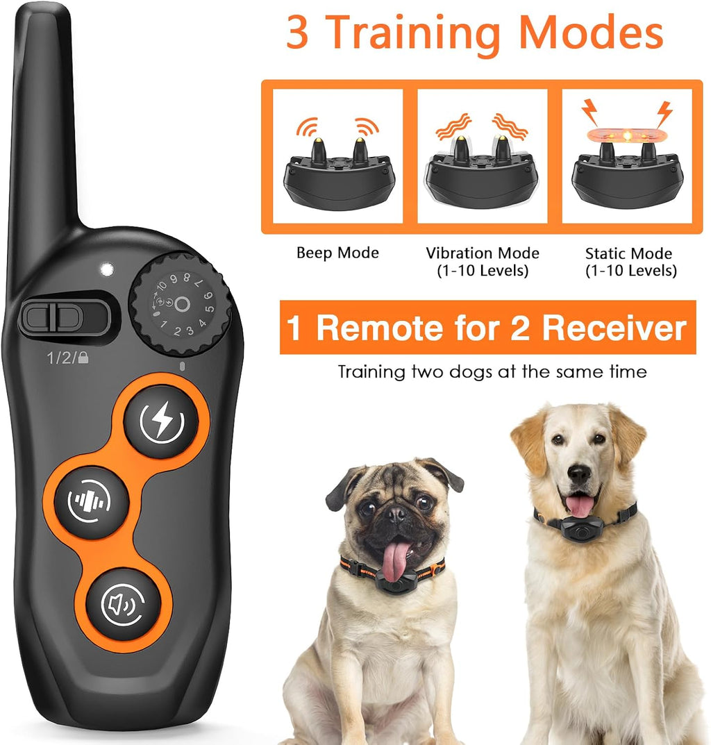 Dog Training Collar for 2 Dogs, 100% Waterproof Shock Collar with Remote Range 1300Ft, 3 Training Modes, Beep, Vibration, Shock, Rechargeable Electric Shock Collar for Small Medium Large Dogs