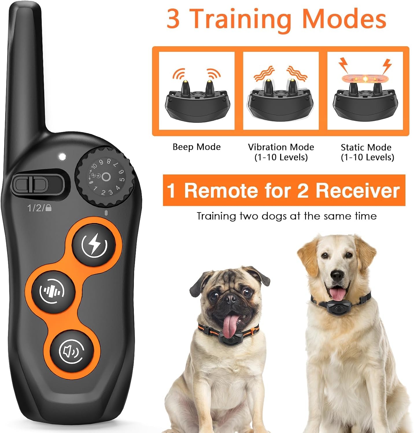 Dog Training Collar for 2 Dogs, 100% Waterproof Shock Collar with Remote Range 1300Ft, 3 Training Modes, Beep, Vibration, Shock, Rechargeable Electric Shock Collar for Small Medium Large Dogs