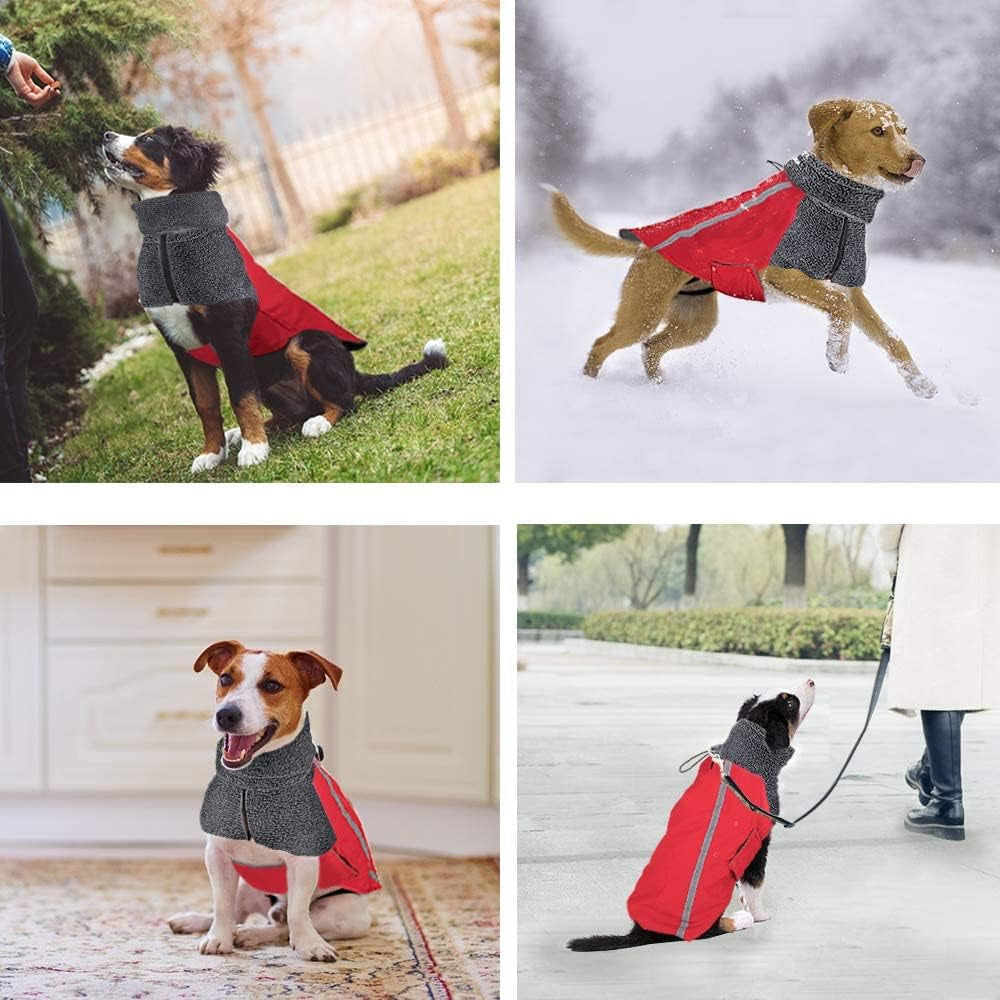 Winter Dog Coat, Warm Polar Fleece Lining Doggie Outdoor Jacket with Turtleneck Scarf Reflective Stripe Adjustable Waterproof Windproof Puppy Vest Soft Pet Outfits (Small, Red)