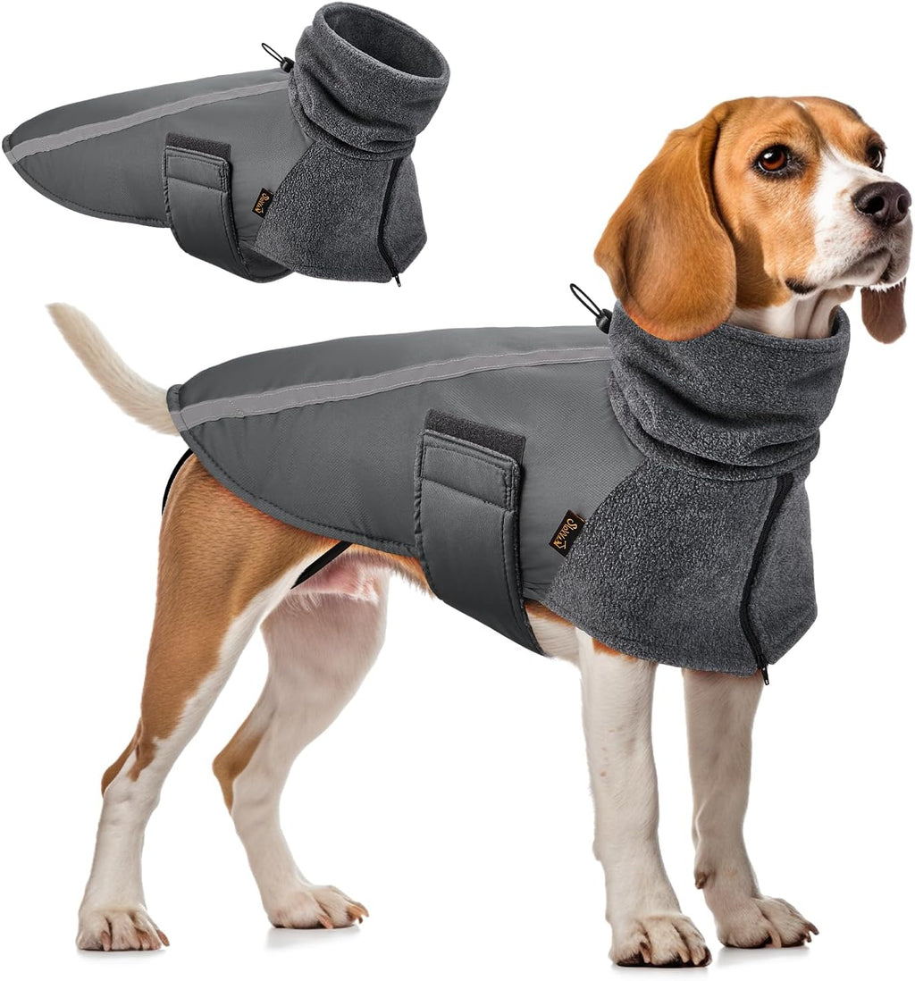 Winter Dog Coat, Warm Polar Fleece Lining Doggie Outdoor Jacket with Turtleneck Scarf Reflective Stripe Adjustable Waterproof Windproof Puppy Vest Soft Pet Outfits (Medium, Grey)