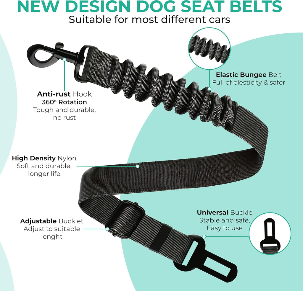 2Pcs Dog Seat Belts for Cars UK with Collapsible Water Bowl, Adjustable Dog Car Seat Belt with 360° Swivel Attachment & Anti-Impact Elastic Bungee, Safe Dog Seatbelt for Travel