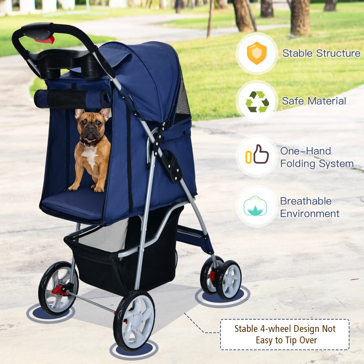 NNECW 4-Wheel Folding Pet Stroller with Mesh Windows &amp Storage Basket-Navy