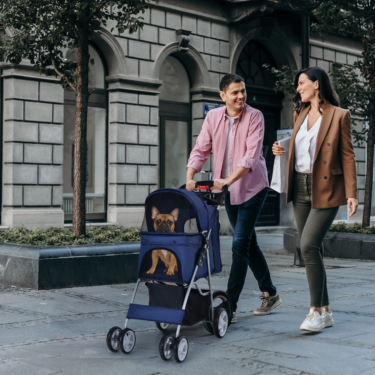 NNECW 4-Wheel Folding Pet Stroller with Mesh Windows &amp Storage Basket-Navy