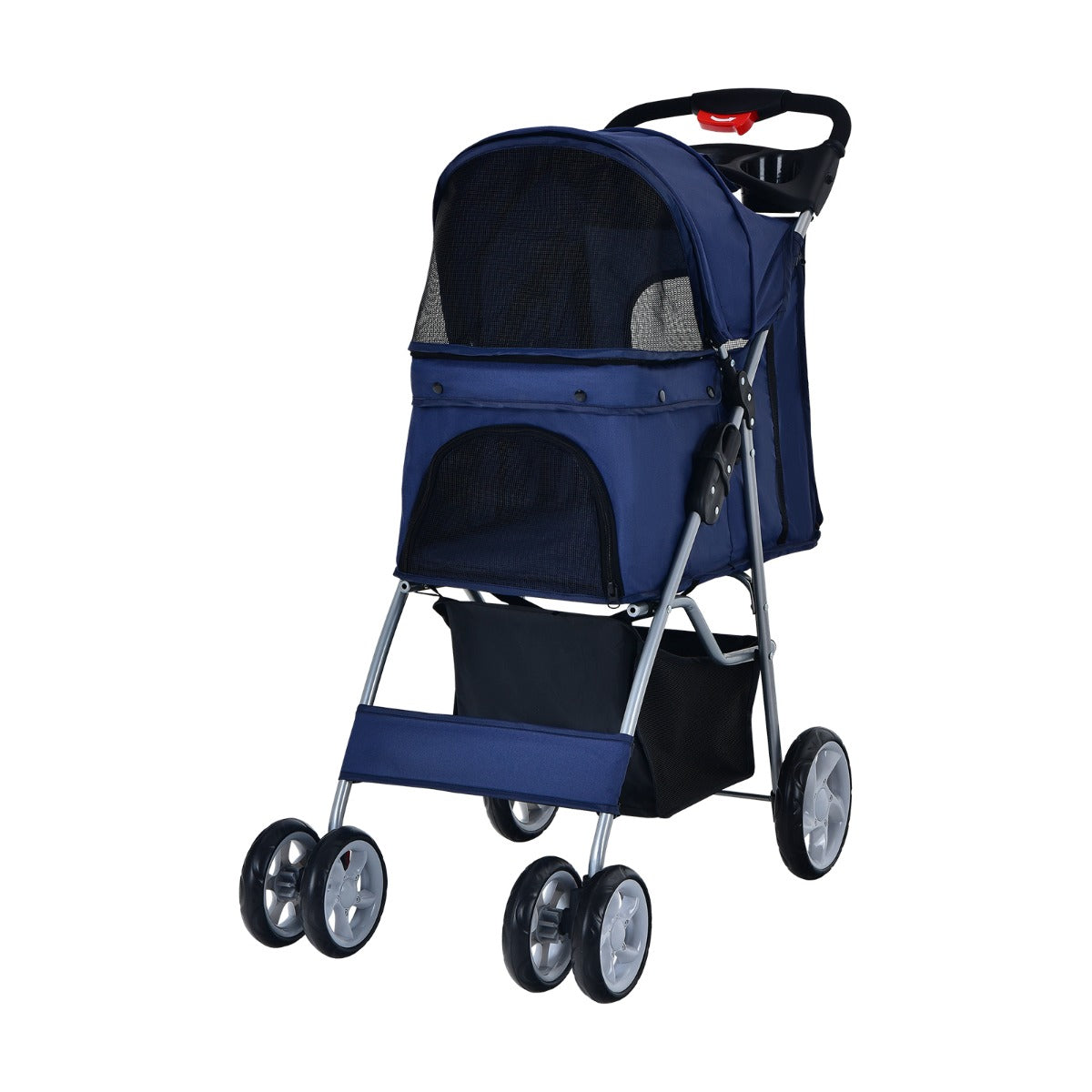 NNECW 4-Wheel Folding Pet Stroller with Mesh Windows &amp Storage Basket-Navy