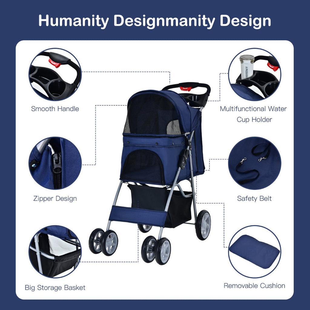 NNECW 4-Wheel Folding Pet Stroller with Mesh Windows &amp Storage Basket-Navy