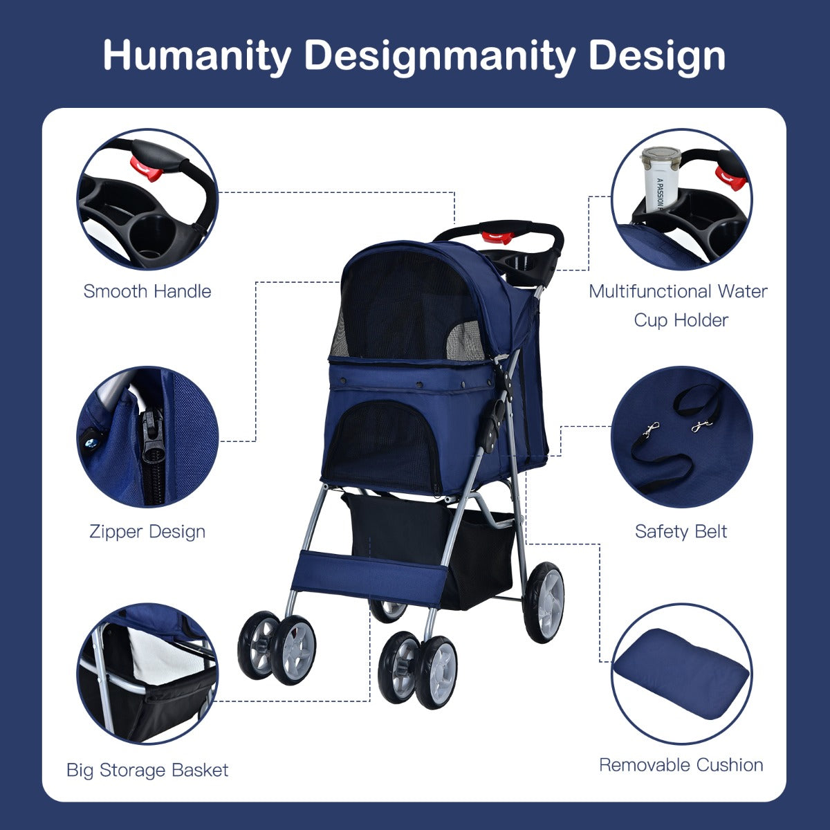 NNECW 4-Wheel Folding Pet Stroller with Mesh Windows &amp Storage Basket-Navy